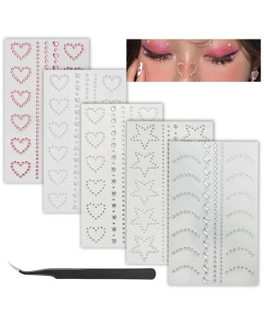 Self Adhesive Face Gems Pearls for Makeup 5 Sheets 3D Star Heart Moon Shape Hair Jewels Diamonds with Tweezers Bling Rhinestone Stickers for Crafts Face Nail (White red)