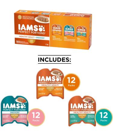 IAMS PERFECT PORTIONS Healthy Adult and Indoor Wet Cat Food Pat Chicken Tuna and Indoor Salmon (36) 75g Variety Pack - Buy Online on GoSupps.com