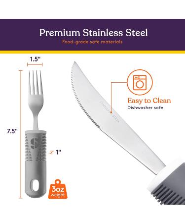 Special Supplies Adaptive Utensils 5-Piece Kitchen Set - Wide Non-Weighted Non-Slip Handles for Hand Tremors, Arthritis, Parkinson's or Elderly Use - Stainless Steel Knives, Fork, Spoons - Grey - Buy Online on GoSupps.com