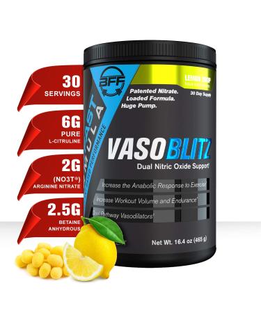 VASOBLITZ by BFF Build Fast Formula | Award Winning Dual Nitric Oxide Pre-Workout | NO3-T® Arginine Nitrate, L-Citrulline, Betaine Anhydrous for Muscle Pumps | Caffeine Free | 30 serv Lemon Drop