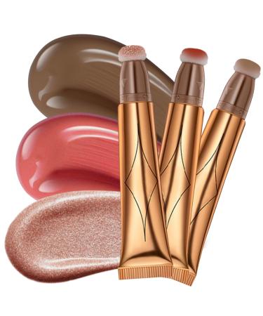 Ofanyia Blush Contour Highlighter Wand Liquid Face Blush Highlighter Contour Stick with Cushion Applicator Cruelty-free Silky Smooth Shimmer Highlighter Beauty Wand for Face Cheekbone Glow grey brown+peach blush+rose gold highlighter