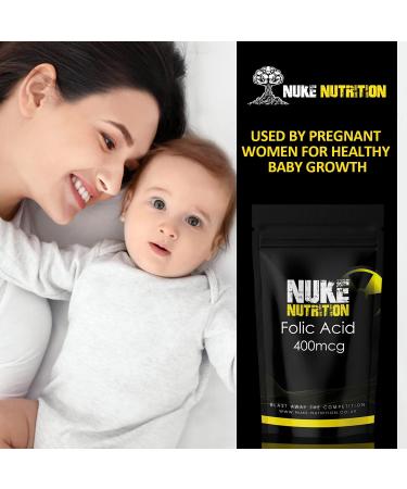 Nuke Nutrition Folic Acid 400mcg Tablets - 365 Count - Pre-Pregnancy Vitamins - Reduce Tiredness - Folate Supplement for Men & Women - Buy Online on GoSupps.com