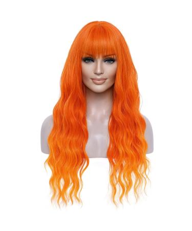 BERON Orange Wigs Women Long Wavy Wig with Bangs 28 Inches Curly Synthetic Wigs for Cosplay Party Wigs Wig Cap Included Mixed Orange
