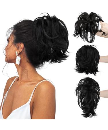 CJL HAIR Claw Clip Short Ponytail Hair Extensions Bendable Metals Messy Bun Hair piece Straight Fake Hairpieces Jet Black 8 inch