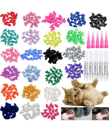 VICTHY 100 PCS Soft Pet Cat Nail Caps Cats Paws Grooming Nail Claws Caps Covers of 5 Random 5Pcs Adhesive Glue with 5pcs Applicators Medium