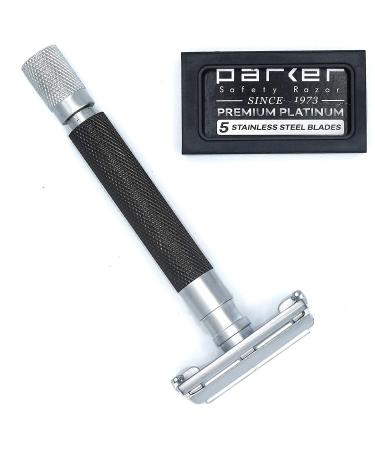 Parker 74R Graphite Gray - Long Handle Heavyweight Butterfly Open Double Edge Safety Razor for Men | Includes 5 Premium Platinum Blades - Best Quality Shaving Gift - Buy Online on GoSupps.com