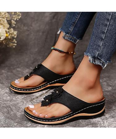 Fudule Women's Orthopedic Sandals - Arch Support, Anti-Slip, Breathable Flip Flop in Vintage Style - Black (Size 9) - Buy Online on GoSupps.com