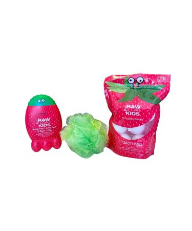 RAW Sugar Kids Strawberry Vanilla Bath Bundle: 1 Bubble Bath/Body Wash (12 oz. ea.) + 6 Bath Bombs (9.6 oz.) + 12 Ounce