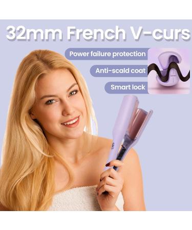 Big Wave Hair Curler Iron Wand 32mm Romantic French Egg Roll Curling Iron Multifunctional Ceramic V-Shaped Hair Curling Iron 4 Gears Temperature Fast Heating for Long or Short Hair (Purple) - Buy Online on GoSupps.com