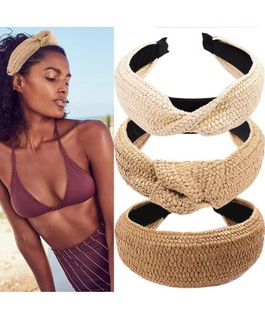 knotted headbands for women 3 Pieces Straw Headband Lafite Knotted Headbands Boho Wide Headbands Fashion Knot Hair Hoop Twist Knot Hair Accessories Beach Headband for Women