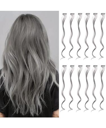 12 pieces diy curly hair extensions hair strands to clip highlight clip in extensions hair part wigs highlights hair for women girls gray 12pcs