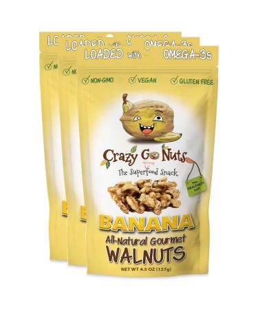 Crazy Go Nuts Walnuts - Banana, 4.5 oz (3-Pack) - Healthy Snacks, Vegan, Gluten Free, Superfood - Natural, Non-GMO, ALA, Omega 3 Fatty Acids, Good Fats, and Antioxidants 4.5 Ounce (Pack of 3)