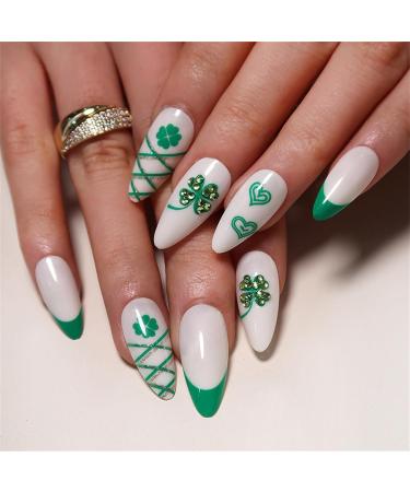 FEIlei 24pcs Fashion Long Almond False Nail French Four-Leaf Clovers Simple Fake Nail B - Buy Online on GoSupps.com