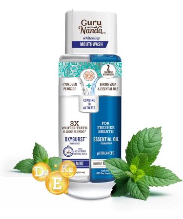 GuruNanda Dual Barrel Oxyburst Whitening Mouthwash - Contains Hydrogen Peroxide to Promote Whiter Teeth - Alcohol & Fluoride Free Rinse with 100% Natural Essential Oils, Wild Mint Flavor - 20 Fl Oz