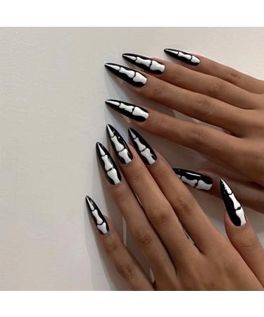 24Pcs Oval False Nails - Black White Fake Nails with Glue - Medium Long Press on Nails - Bone Print Halloween Acrylic Stick on Nails for Women and Girls (Black with Bone Design)