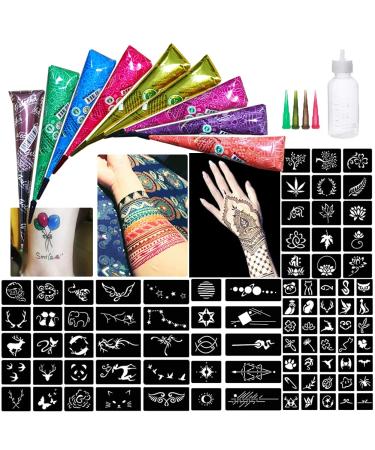 MINGSHOP 9 Pcs 9 Color Temporary Tattoo Kit   India Temporary Body Art Paint Ink Set  5 Pages Tattoo Stencils Stickers  Brown  Black  Red  Blue  Green  Maroon
