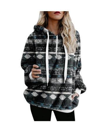 Fleece Sweatshirt for Women Casual Fuzzy Zip Up Hoodies Long Sleeve Pullover Drawstring Hooded Sweatshirt with Pockets A-dark Blue Large