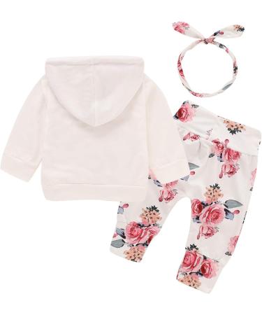 Puseky Newborn Baby Girl Floral Hoodie Sweatshirt and Pants Set - 3-6 Months - White+Floral - Buy Online on GoSupps.com