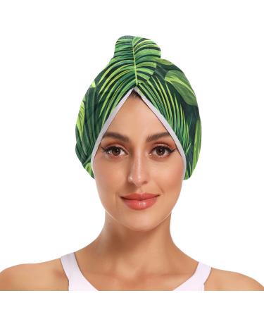Tropical Green Palm Leaf Hair Towel 2 Pack Super Absorbent Hair Drying Towel Quick Dry Hair Turbans Head Towel with Button Twisty Wrap for Women Girls