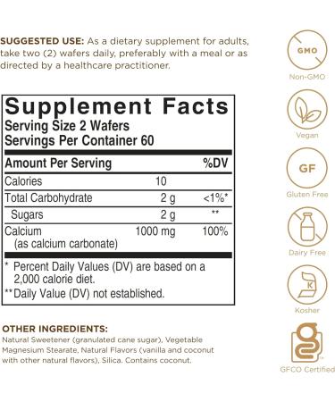 Solgar Chewable Calcium 500 mg - 120 Wafers | Promotes Musculoskeletal Health | Non-GMO, Vegan, Gluten, Wheat, Dairy Free & Kosher | 60 Servings - Buy Online on GoSupps.com