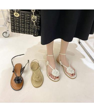 Elegant Black Flat Sandals for Summer - Non-Slip Soft Sandals with Artificial Flower | Size 38 EU - Buy Online on GoSupps.com