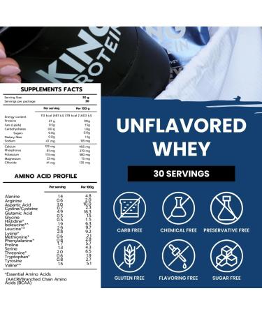 KING Protein Clean Whey Isolate Protein Powder Unflavored | 27g per Serving w/Organic BCAA | Pre-Post Training | 100% Natural | No Carbs | Preservatives & GMO Soy and Gluten Free | 30 Servings - Buy Online on GoSupps.com
