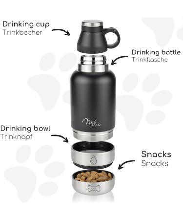 Milu 950ml Dog Drinking Bottle with Food Bowl - Insulated Stainless Steel Pet Water Bottle for Hiking Traveling & Walking - Black - Buy Online on GoSupps.com