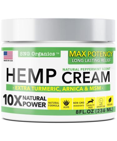 Hemp Cream - Made in USA - 8 oz - New Increased Strength Formula - Fast Acting Cream with Extra Turmeric, Arnica & Hemp Extract - Hemp Oil Cream - Back Pain, Muscle Pain, Knee Pain, Neck Pain by SNG 8 Fl Oz (Pack of 1)