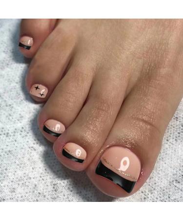 Black French Tip Press on Toenails Short Square Fake Toe Nails Full Cover False Toe Nails with Stars Gold Glitters Designs Black Toenail Tips Acrylic Toe Nails Cute Stick on Toe Nails for Women Girls Black French Stars