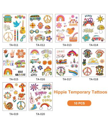 Hippie Temporary Tattoos - Assorted Groovy Designs for Kids and Women | Waterproof Face and Body Stickers | Love and Peace Sign | 10 Sheets - Buy Online on GoSupps.com