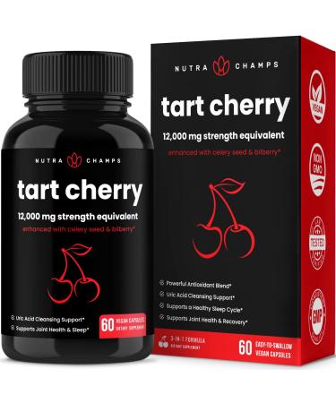Organic Tart Cherry Extract Capsules | Tart Cherry Supplement with Bilberry Fruit & Celery Seed | 1200mg Premium Uric Acid Cleanse for Joint Support & Muscle Recovery | 60 Vegan Tart Cherry Capsules