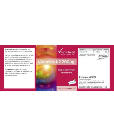 Vitamin K2 MK7 200 g - 365 Vegan Tablets | High-Dose Formula for Optimal Health | Vitamintrend International Shipping - Buy Online on GoSupps.com