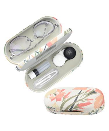 2 in 1 Contact Lens and Glasses Case Double Sided Dual Use Design with Mirror Tweezer and Contact Lens Solution Bottle Portable Soak Storage Kit for Travel Office(Beige Flower) Beige& Flower