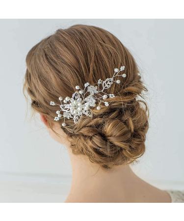 Bridal Wedding Hair Clip Comb Rhinestone Pearl Headpiece Silver Crystal Flower Hair Piece Wedding Hair Accessories for Women Girls Bride Bridesmaid # 3