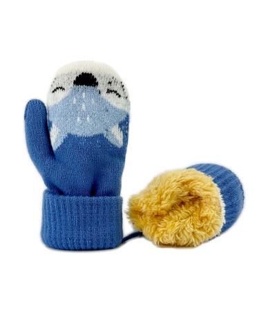 BEISIJIA Toddler Kids Warm Knitted Mittens Cute Cartoon Gloves Winter Full Fnger Mittens with String Hang Neck for 1-4 Years Kids Blue