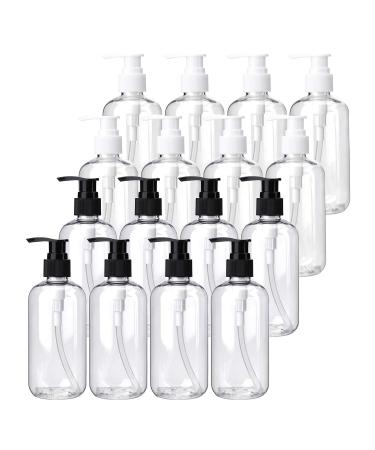 Bekith 16 Pack Empty Lotion Bottles with Black and White Pumps, 8oz Plastic Clear Round Bottles Containers for Creams, Hand Soap, Body Wash