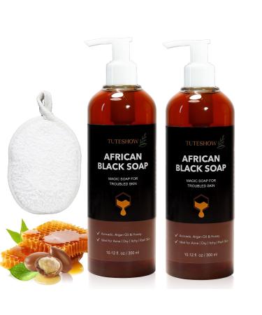 Tuteshow 2 PCS African Black Soap Deep Cleansing and Moisturizing Argan Oil Honey Black African Soap with Face Scrub Pad 10.12 fl.oz/300 ml