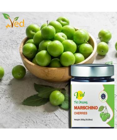 Ved Gourmet Original Green Maraschino Cherries - Vegan Italian Cocktail Cherries - 300g Jar (Pack of 1) - Buy Online on GoSupps.com