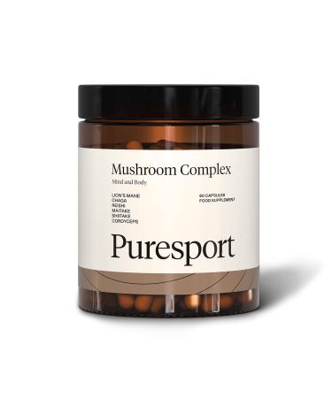 Puresport Mind & Body Mushroom Blend | 60 Capsules | Combining Five Adaptogenic Mushrooms Lions Mane Shiitake Cordyceps Maitaike and Chaga | Nootropic Brain Supplement Mushroom Complex