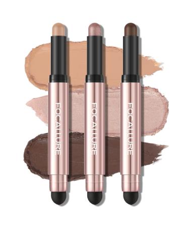 FOCALLURE 3 Pcs No Crease Eyeshadow Sticks Shimmer & Matte Eye Shadow Crayon Set with Blending Sponge Brush Smooth Texture Cream Eye Highlighter Pen Long Lasting Waterproof Eyeshadow Brightener Stick Makeup Back To Youth