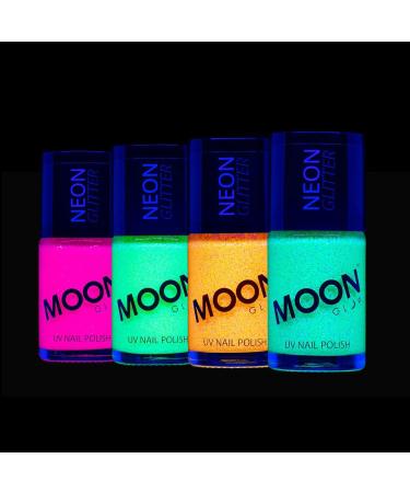Neon UV Glitter Nail Polish by Moon Glow - Set of 4 colours - Bright Neon Nail Varnish - Glows under UV - 14ml - Buy Online on GoSupps.com