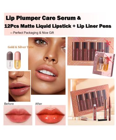 DEROL Lip Plumper Set: Natural Lip Enhancer with Serum for Fuller Lips - 12Pcs Matte Liquid Lipstick + Lip Liner Pens - Long-Lasting & Waterproof Lip Gloss Kit - Buy Online on GoSupps.com