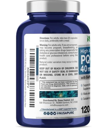 NusaPure PQQ Supplement 40 mg 120 Veggie Capsules Non-GMO Pyrroloquinoline Quinone Disodium Salt Bioperine 120 Count (Pack of 1) - Buy Online on GoSupps.com
