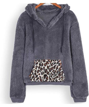 Bigfanshu Womens Sweaters Winter Warm Long Sleeve Stitching Leopard Plush Blouse Coat Sweater Gray - Buy Online on GoSupps.com
