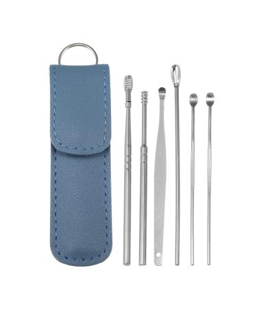 VOCOSTE 6Pcs Stainless Steel Ear Cleansing Tool Set Ear Cleaner Ear Care Set with Faux Leather Packaging Light Blue