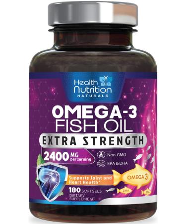 Omega 3 Fish Oil Supplements 2400 mg - Triple Strength Omega3 - EPA & DHA with Essential Fatty Acids - Natural Immune Brain & Heart Health Support - Burpless Lemon Flavor Wild Caught - 180 Softgels 180 Count (Pack of 1)
