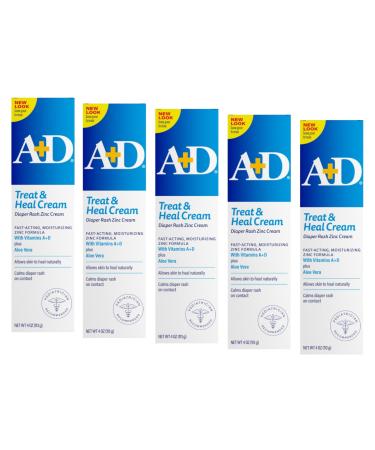 A+D Treat & Heal Diaper Rash Ointment 4 Ounce Zinc Oxide Cream (Pack of 5)