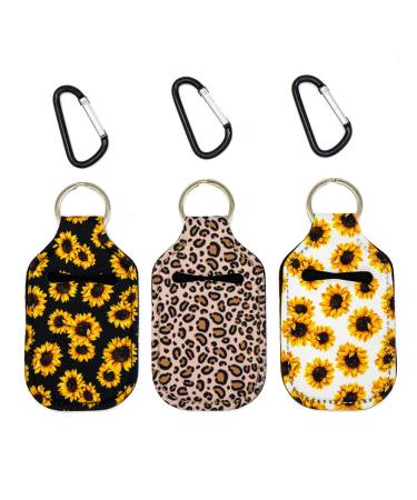 Party Girl Kim Hand Sanitizer Holder - 1 oz Travel Size Hand Sanitizer Keychain Holder Attaches Easily to Your Purse Backpack Diaper Bag with Key Ring and Carabiner Clip Sunflower Leopard 3 Count (Pack of 1) Sunflower Leopard