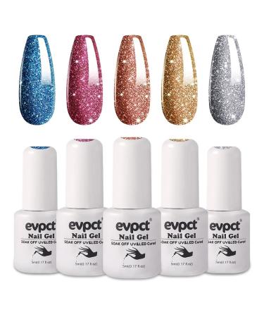 evpct Diamond Glitter Gel Nail Polish 5Pcs Set, Silver Rose Gold Blue Pink Reflective Glitter Shimmer Sparkle Sparkly Shiny Soak off UV LED Cured Gel Nail Gel Polish Kit Set Holidays Gift for Women N 0.17 Fl Oz (Pack of 5)…