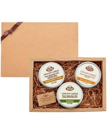 Fabulous Frannie Hippie Earth Lover's Aromatherapy Soy Candle Holiday Gift Set Includes 6oz Patchouli 6oz Woods and 6oz Frankincense and Myrrh Made with Pure Essential Oils (Earth Lover's)